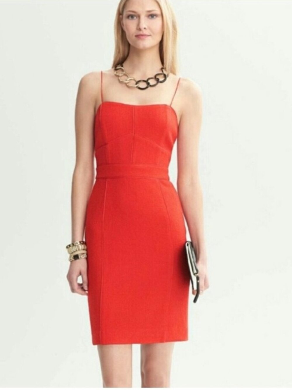 Banana Republic Red Vermillion Piped Corset Sheath Dress with Pink Trim